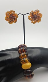 Vintage Amber Bead Bracelet & Earrings Bracelet Measures 8" Gold Tone Metal