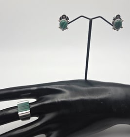 Vintage Sterling Silver Malachite Ring & Earrings Ring Weighs 5.4 Grams