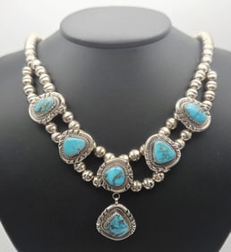 Vintage Sterling Silver Turquoise Necklace Necklace Measures 19" Necklace Weighs 56.3 Grams