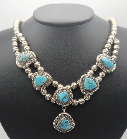 Vintage Sterling Silver Turquoise Necklace Necklace Measures 19" Necklace Weighs 56.3 Grams: Necklace Measures 19" Necklace Weighs 56.3 Grams For the best shipping rates, please select "Self-Arranged." Once you've done this, you will automatically be added to Kellie's dedicated shipping depar