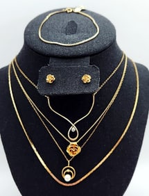 Avon 14K Gold Filled Cobra Neckchain Rose Pendant Diamond Accent Loop Pearl & Diamond Accent Pendant