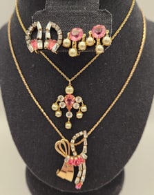 Phyllis 1/20 12K Gold Filled Pink & Clear Rhinestone Pendant Brooch Pin & Earrings & Pink & Faux