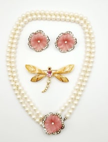Kenneth Jay Lane For Avon Faux Pearl & Rhinestone Necklace & Earrings & Enamel & Rhinestones Dragon