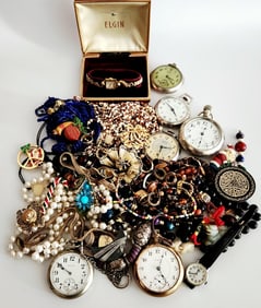 Mystery Grab Bag Including Pocket Watches Lot weighs 2 pounds 12 ounce.