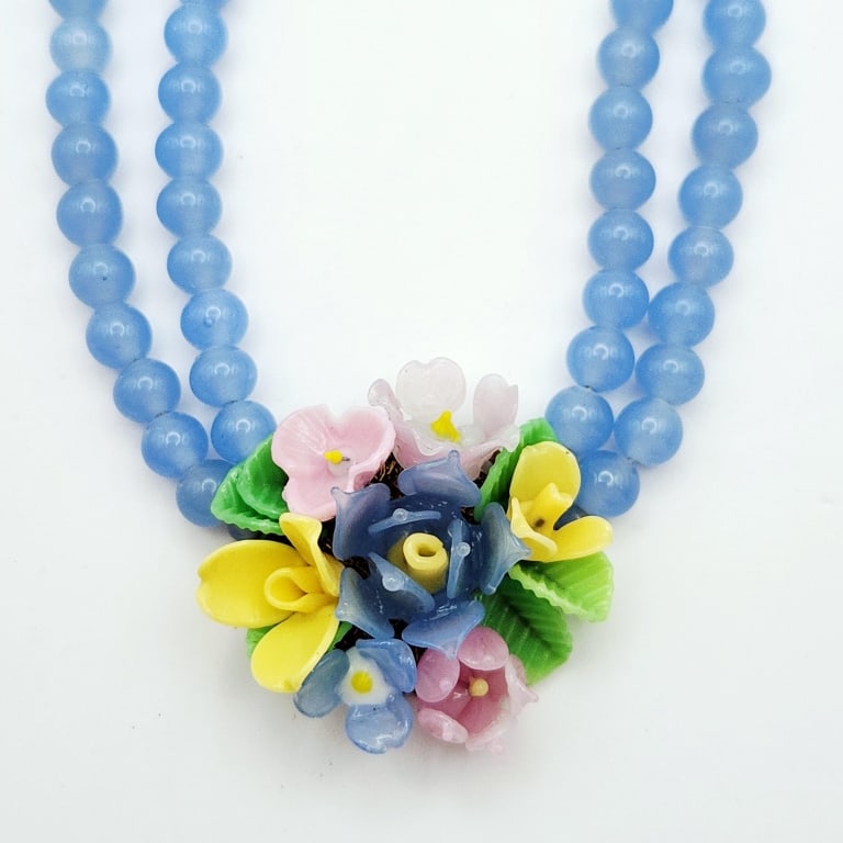 Blue Glass Bead Multi-Strand & Flower Cluster Necklace Japan Necklace is 11". (1 of 6)