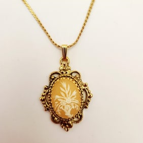 Whiting & Davis Gold Tone Cameo Style Pendant Necklace Necklace is 18".