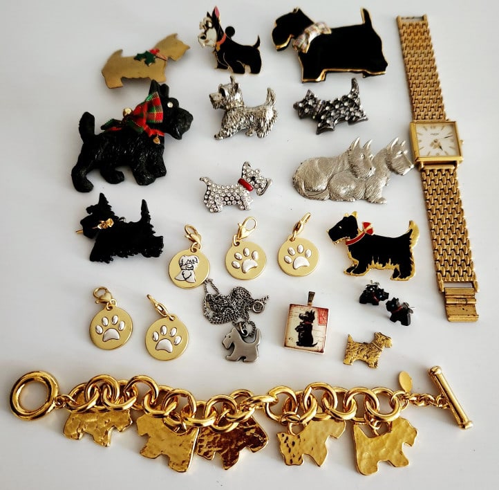 Assorted Gold & Silver Tone Scottie Dog Pins Brooches Bracelet Earrings Paw Charms & Agatha Paris (1 of 14)