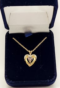 Avon 10K Yellow Gold Diamond Accent Fire Topaz Heart Necklace Pendant