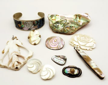 Assorted Mother-Of-Pearl Abalone & Sea Shell Pins Brooches Cuff Bracelet Pendant Earrings & Pocket
