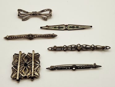 Antique Silver & Gold Tone Enamel & Sterling Silver Rhinestones Bar Pins Brooches & Silver Tone