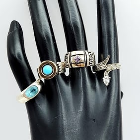 925 Sterling Silver Blue Topaz Turquoise Amethyst & CZ Marcasite Rings
