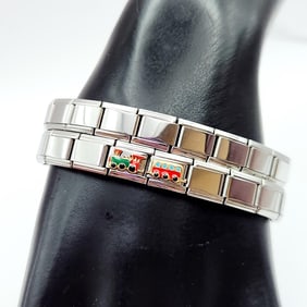 Zoppino Stainless Steel Bracelet With Trains British Flag Blank Charms & Red Bag