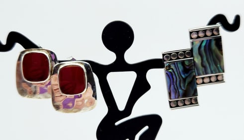 925 Sterling Silver Red Stone & Abalone Earrings Weighs 13 grams.