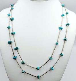 Vintage 2 Strand Liquid Silver & Turquoise Necklace Necklace is 21".