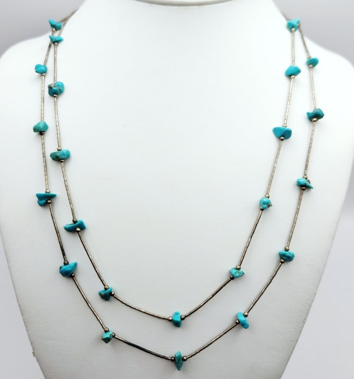 Vintage 2 Strand Liquid Silver & Turquoise Necklace  Necklace is 21". (1 of 5)