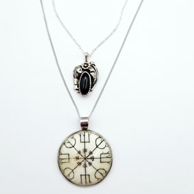 Sterling Silver Onyx & Norse Sigil Helm Of Empowerment Pendants Necklaces