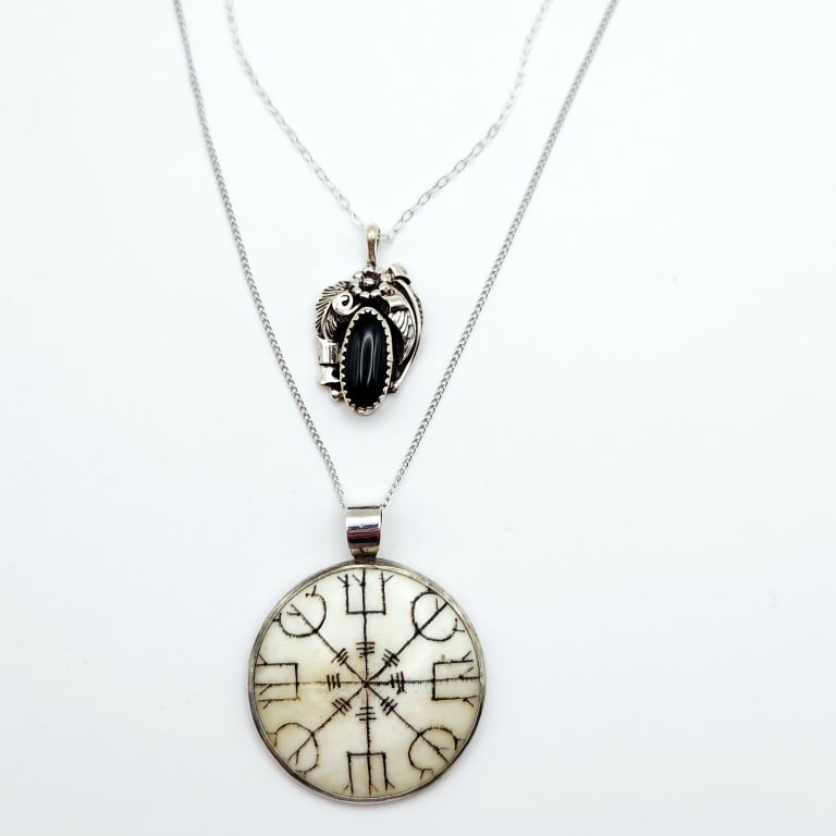Sterling Silver Onyx & Norse Sigil Helm Of Empowerment Pendants Necklaces: Empowerment Pendants Necklaces Necklaces are 18". Lot weighs 10.8 grams.For the best shipping rates, please select "Self-Arranged." Once you've done this, you will automatically be added to Kellie's d