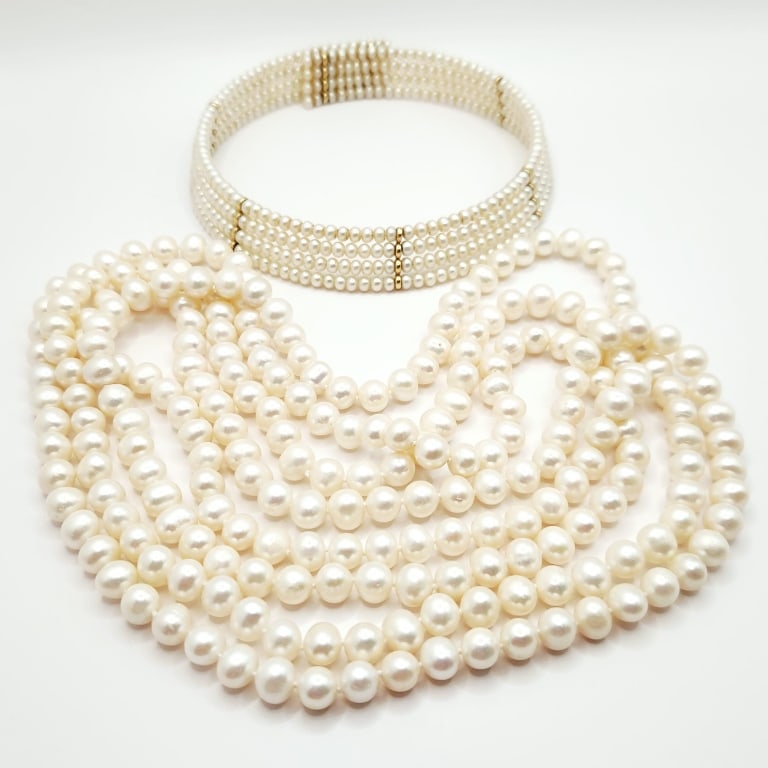 Opera Length Pearls & Pearls & Gold Bead Choker Necklace Opera necklace is 80". Choker is 15".: Necklace Opera necklace is 80". Choker is 15".For the best shipping rates, please select "Self-Arranged." Once you've done this, you will automatically be added to Kellie's dedicated shipping departme