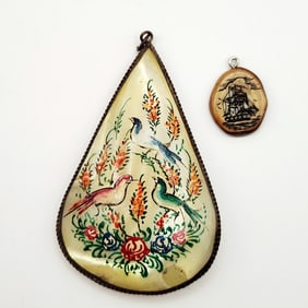Hand Painted Mother-Of-Pearl Qajar Era Of Persia & Scrimshaw Ship Pendants