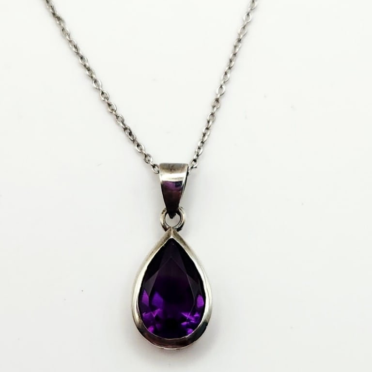 925 Sterling Silver Amethyst Tear Drop Necklace Pendant  Necklace is 18". Weighs 3.5 grams. (1 of 7)