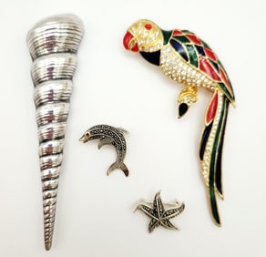 925 Sterling Silver Seashell Dolphin & Star Fish & Gold Tone Parrot Enamel & Rhinestone Pins