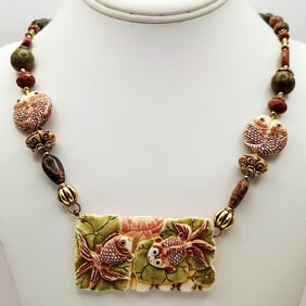 Carved Water Buffalo Koi Fish Pendant & Assorted Beads Pendant Necklace Necklace is 26".