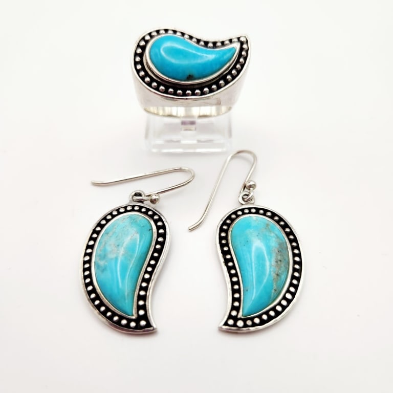 925 Sterling Silver Turquoise Ring & Earrings Ring is size 9. Lot weighs 21.5 grams. (1 of 8)