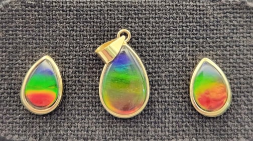14K Yellow Gold Ammolite Pendant & Earrings Backs are