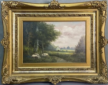 Antique Provençal Oil Painting Signed Oil painting on canvas of sheep in a field. Signed G Willis.