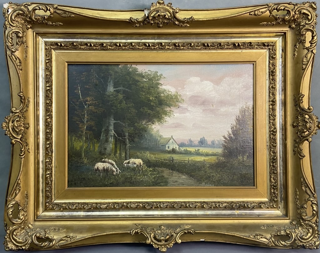 Antique Provençal Oil Painting Signed Oil painting on canvas of sheep in a field. Signed G Willis.: Oil painting on canvas of sheep in a field. Signed G Willis. Tear in canvas, some chips in gilt on frame. Artwork with frame is 28 1/2 X 22 inches in size. For the best shipping rates, please select "