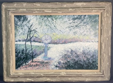 Original Landscape Oil Painting Signed Large oil painting of a woman walking amongst trees in