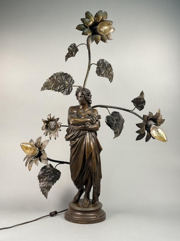 Art Nouveau Bronze Figural Lamp Large bronze lamp with three lights bursting from flowers. Center (1 of 10)