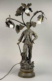 French Spelter Agriculture Table Lamp Spelter sculpture, late 19th or early 20th centity mounted as