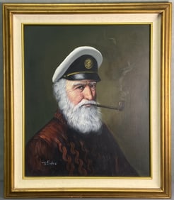 Oil Painting Sea Captain Signed Original oil painting of a sea Captain smoking a pipe. Signed J