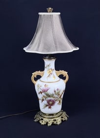 Vintage Hand Painted Thistle Glass Lamp Glass urn shaped table lamp with brass base. Hand painted