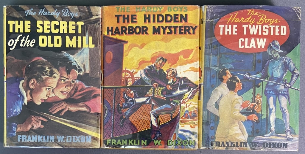 Early Edition Hardy Boys Books Set of Three The Secret of the Old Mill, The Twisted Claw, and The: The Secret of the Old Mill, The Twisted Claw, and The Hidden Harbor Mystery Hardy Boys books by Franklin W Dixon. Good binding, includes dust jackets in very good condition. Some writing on front inte