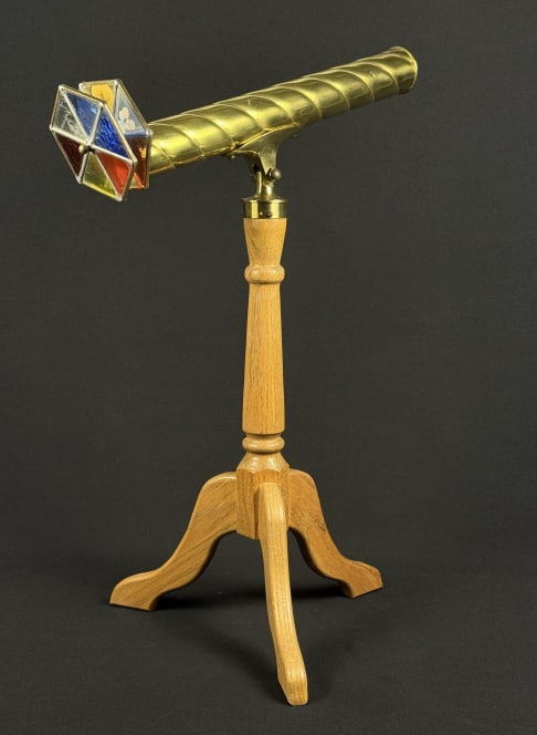 Brass Kaleidoscope on Wooden Tripod Stand Brass kaleidoscope with two glass panes, one stained (1 of 6)