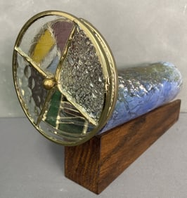 J Apol Signed Kaleidoscope with Stand Ceramic kaleidoscope with two glass panes, one stained glass,