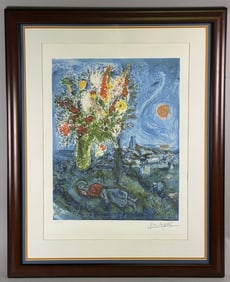 Marc Chagall Signed Lithograph Blue With Bouquet Matted and framed. Frame size 31 x 25 inches.