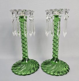 A Pair of Fostoria Green Glass Candlesticks Candlesticks measure 12 inches