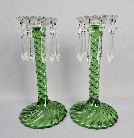 A Pair of Fostoria Green Glass Candlesticks Candlesticks measure 12 inches (1 of 9)