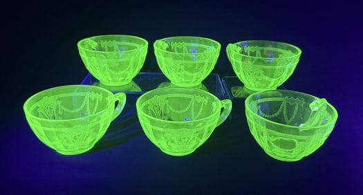 UV Uranium Glass Lace Pattern Tea Cups x6 2 x 3.75 inches each.