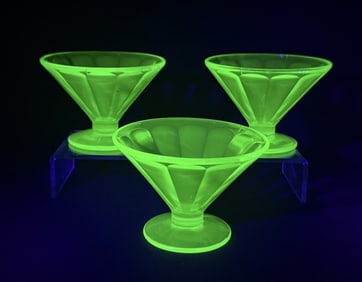 UV Uranium Glass Sherbet Cups x3 2.75x 4 inches each.