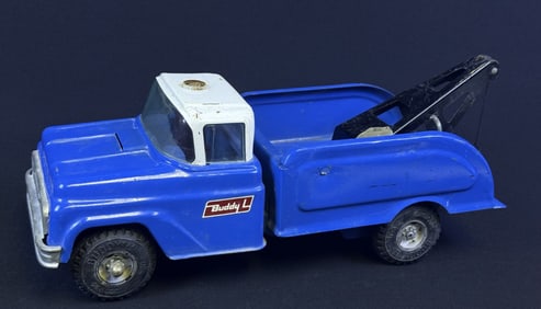 Vintage Metal Buddy L Tow Truck Toy Missing the roof light. No cracks in windows. Scuffs and