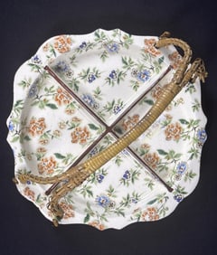 Vintage Erphila Divided Dish With woven handle. Some crazing overall. See photos for further item