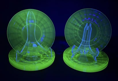 Vintage UV Uranium Glass Saucers x10 6.25 inches across. Please see photos for further condition