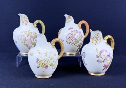 Antique Royal Worcester Flat Back Creamers 4 hand painted with floral patterns and gold highlights.