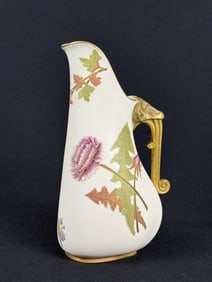 Antique Blush Ivory Hand Painted Ewer Pitcher Gold highlights in painted floral patterns.