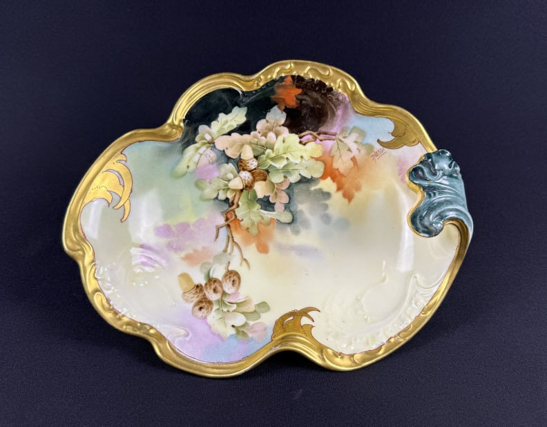 Vintage Hand Painted Pickard Pottery Dish Leaves and nuts motifs with gold painted trim. (1 of 6)