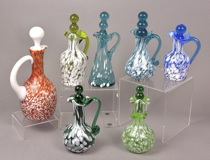 Vintage Glass Cruets Colored Glass w Spatter 7 total standing between 5 and 8.25 inches tall.: 7 total standing between 5 and 8.25 inches tall. Free from cracks. See photos for further details.